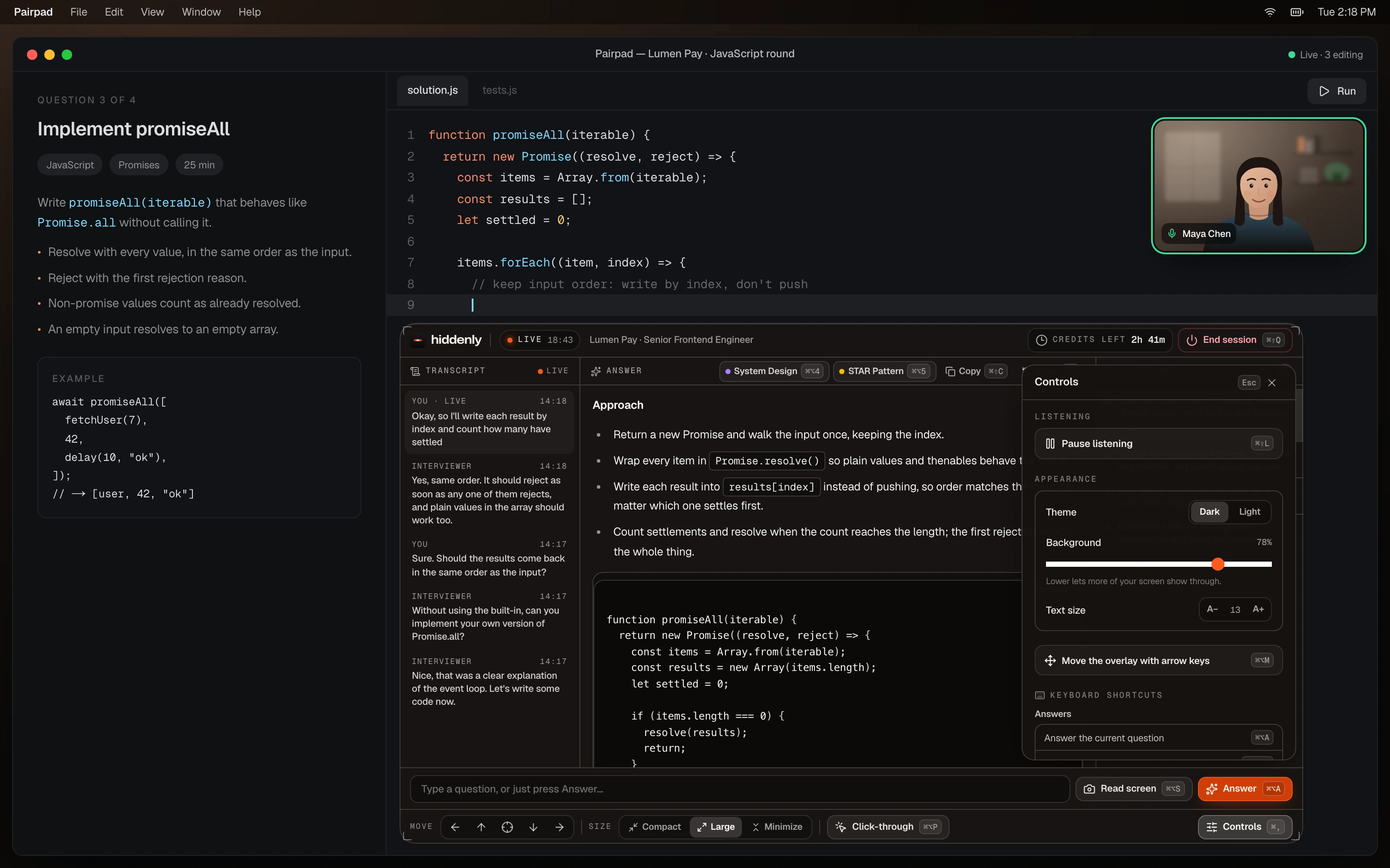 Controls panel open over a live coding meeting on macOS