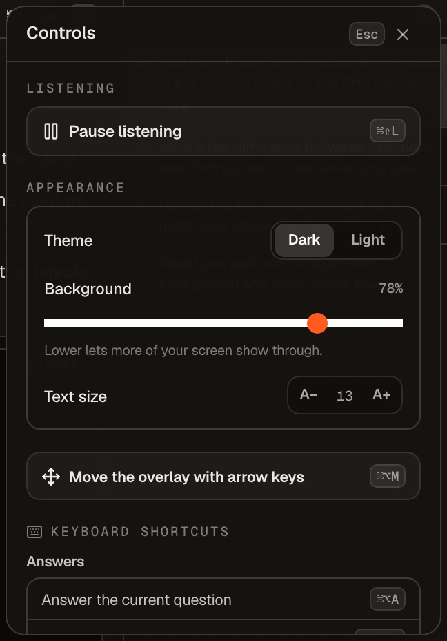 Full Controls panel with listening, appearance and shortcuts